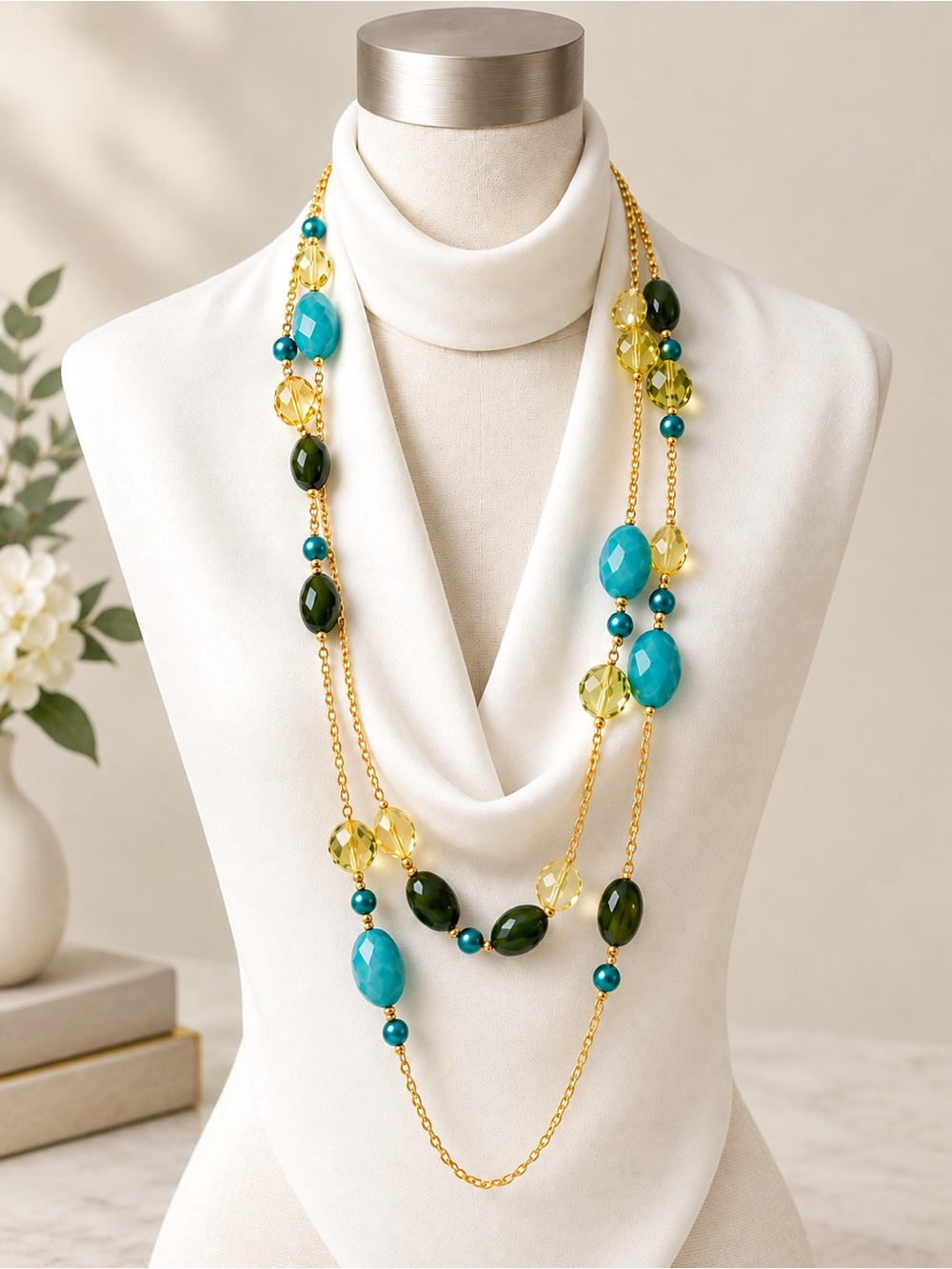 Luxe Boutique Double-Strand Beaded Statement Necklace, Full 36”